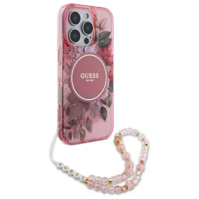 Чохол Guess IML Flowers with Pearl Strap для iPhone 16 Pro Max Pink with MagSafe (GUHMP16XHFWBRCESP)