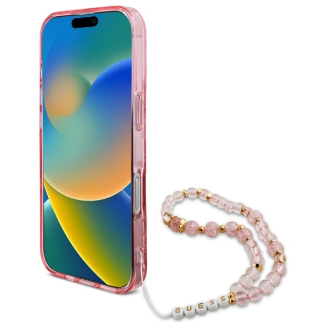 Чохол Guess IML Flowers with Pearl Strap для iPhone 16 Pro Max Pink with MagSafe (GUHMP16XHFWBRCESP)
