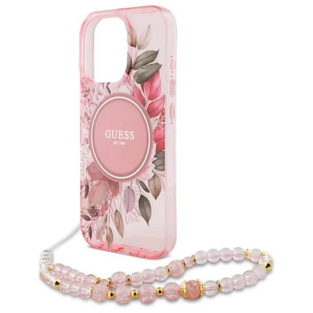 Чохол Guess IML Flowers with Pearl Strap для iPhone 16 Pro Max Pink with MagSafe (GUHMP16XHFWBRCESP)