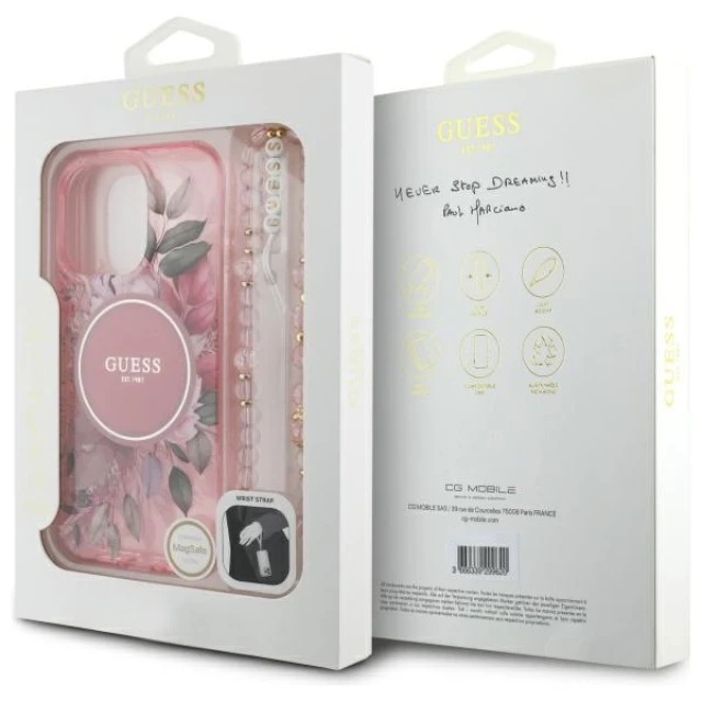 Чохол Guess IML Flowers with Pearl Strap для iPhone 16 Pro Max Pink with MagSafe (GUHMP16XHFWBRCESP)