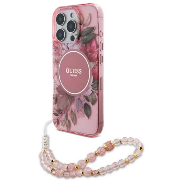 Чохол Guess IML Flowers with Pearl Strap для iPhone 16 Pro Max Pink with MagSafe (GUHMP16XHFWBRCESP)