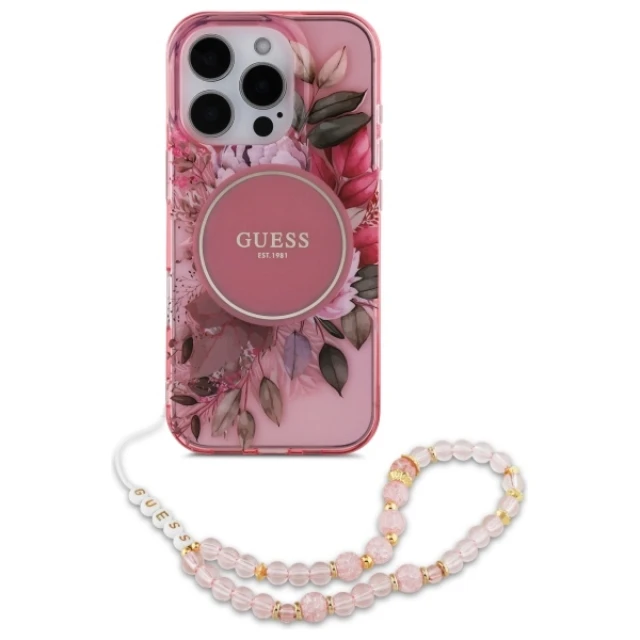 Чохол Guess IML Flowers with Pearl Strap для iPhone 16 Pro Max Pink with MagSafe (GUHMP16XHFWBRCESP)