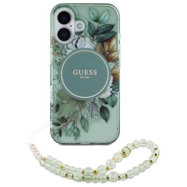 Чохол Guess IML Flowers with Pearl Strap для iPhone 16 Green with MagSafe (GUHMP16SHFWBRCESN)