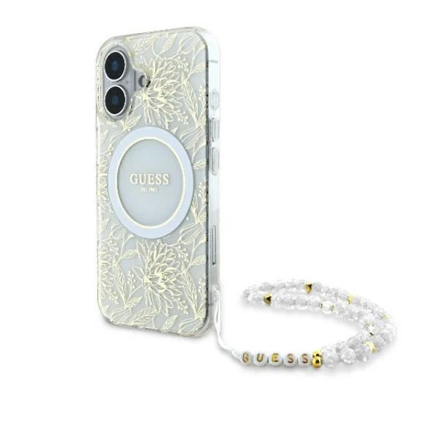Чохол Guess IML Flowers Allover Electro with Pearl Strap для iPhone 16 Plus White with MagSafe (GUHMP16MHCPOFPH)