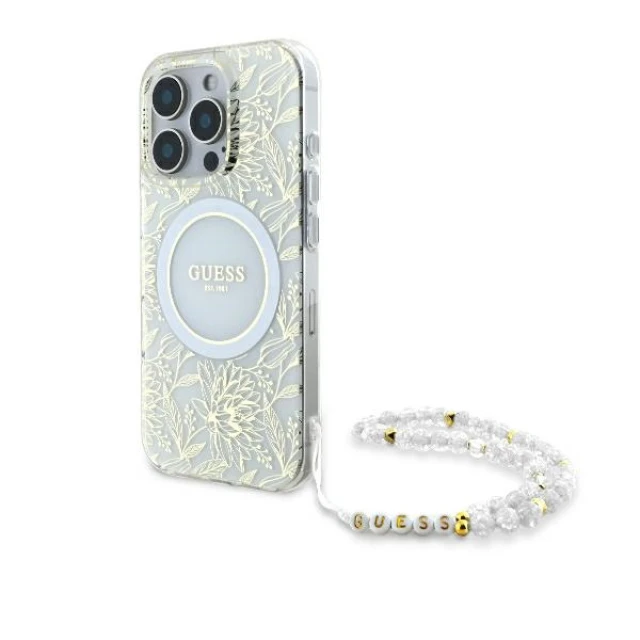 Чохол Guess IML Flowers Allover Electro with Pearl Strap для iPhone 16 Pro White with MagSafe (GUHMP16LHCPOFPH)
