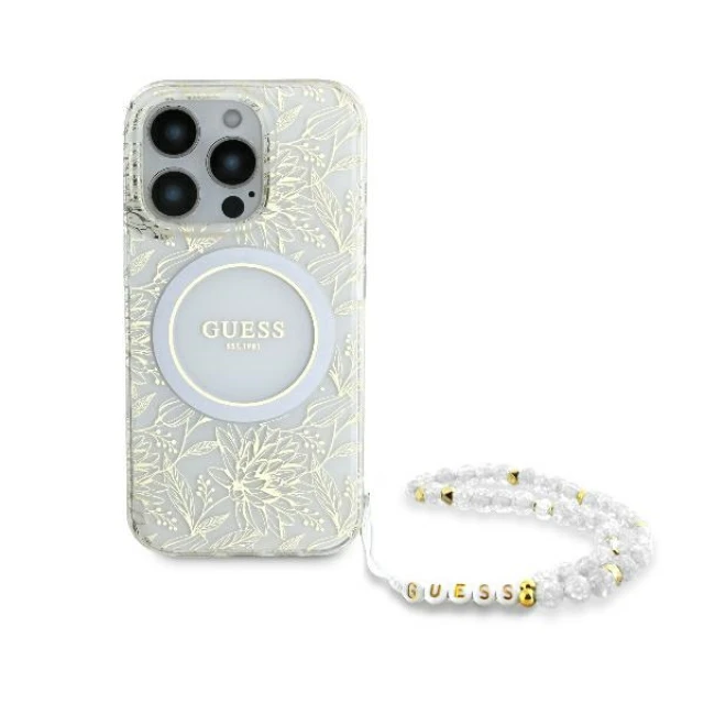 Чохол Guess IML Flowers Allover Electro with Pearl Strap для iPhone 16 Pro White with MagSafe (GUHMP16LHCPOFPH)