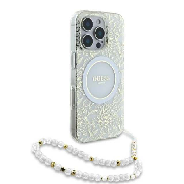 Чохол Guess IML Flowers Allover Electro with Pearl Strap для iPhone 16 Pro White with MagSafe (GUHMP16LHCPOFPH)