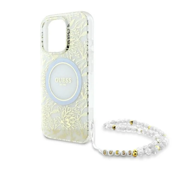 Чохол Guess IML Flowers Allover Electro with Pearl Strap для iPhone 16 Pro White with MagSafe (GUHMP16LHCPOFPH)