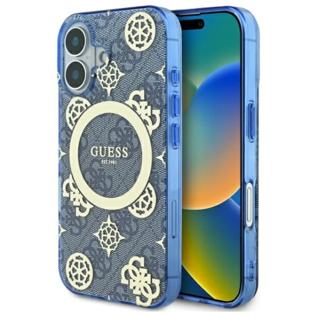 Чохол Guess IML Peony On 4G Background для iPhone 16 Blue with MagSafe (GUHMP16SH4PYEEB)