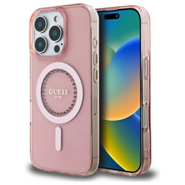Чохол Guess IML Rhinestones для iPhone 16 Pro Pink with MagSafe (GUHMP16LPFTDTEP)