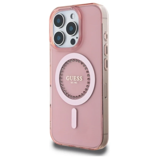 Чохол Guess IML Rhinestones для iPhone 16 Pro Pink with MagSafe (GUHMP16LPFTDTEP)