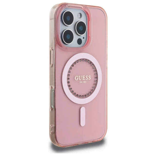 Чохол Guess IML Rhinestones для iPhone 16 Pro Pink with MagSafe (GUHMP16LPFTDTEP)