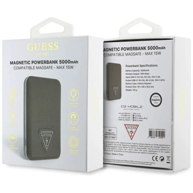 Powerbank Guess Grained Triangle 5000mAh 15W USB-C Brown with MagSafe (GUPB5FPGTSPSW)