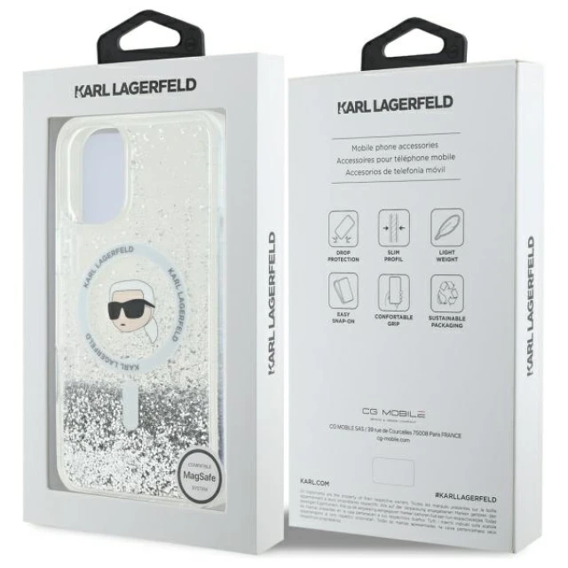 Чохол Karl Lagerfeld Liquid Glitter Karl Head для iPhone 16 Transparent with MagSafe (KLHMP16SLGKISGH)