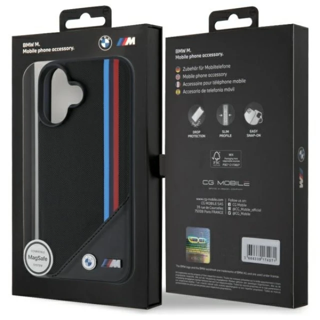 Чохол BMW M Meshed Tricolor Stripes для iPhone 16 Black with MagSafe (BMHMP16S23PUTRK)