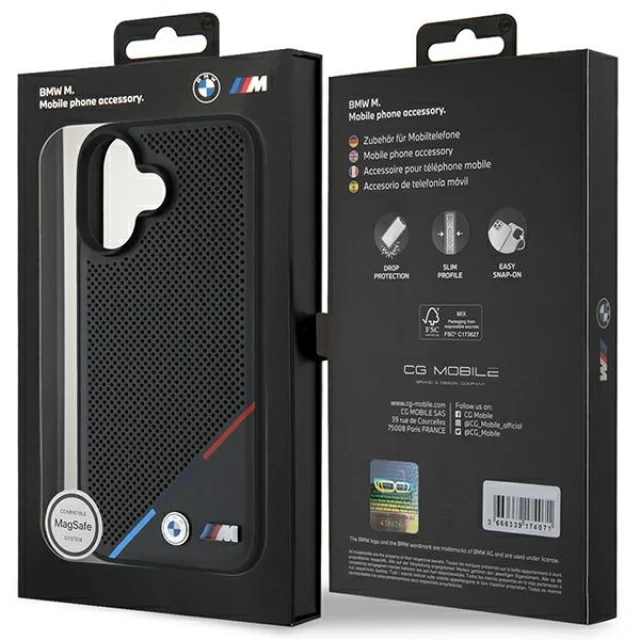 Чохол BMW M Perforated Tricolor Line для iPhone 16 Black with MagSafe (BMHMP16S23PUPDK)
