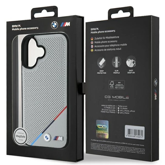 Чохол BMW M Perforated Tricolor Line для iPhone 16 Grey with MagSafe (BMHMP16S23PUPDG)