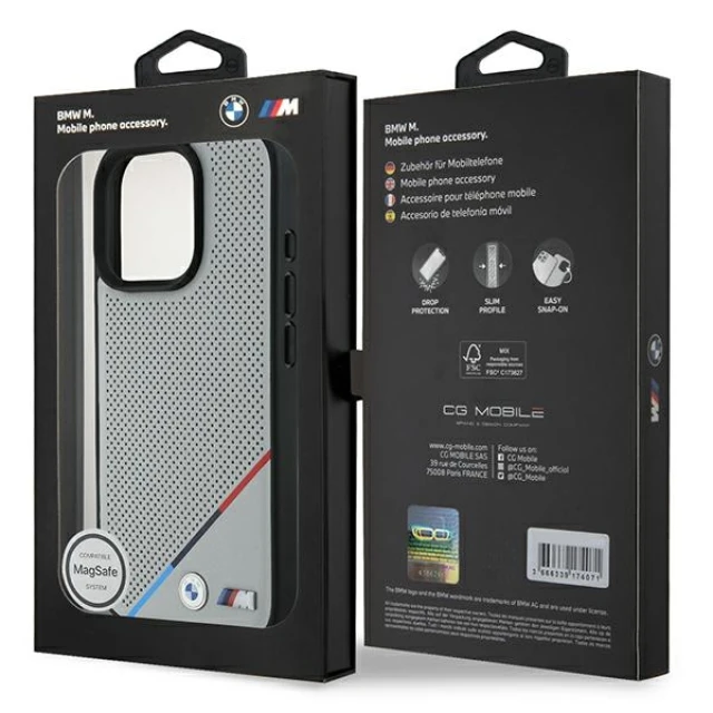 Чохол BMW M Perforated Tricolor Line для iPhone 16 Pro Grey with MagSafe (BMHMP16L23PUPDG)