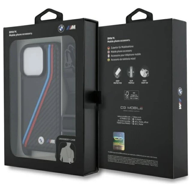 Чохол BMW M Edition Carbon Tricolor Lines & Strap для iPhone 16 Pro Max Black (BMHCP16X23PSVTK)