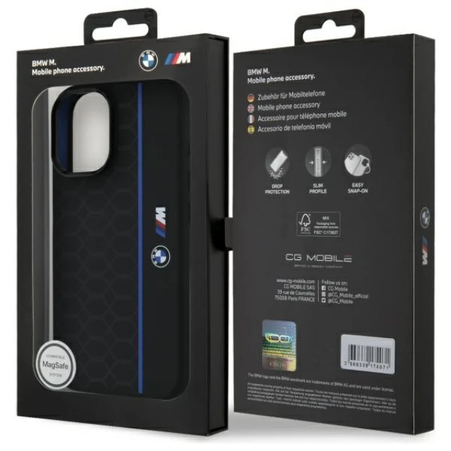 Чохол BMW Silicone Hexagon Blue Line для iPhone 16 Black with MagSafe (BMHMP16S23SHEB)
