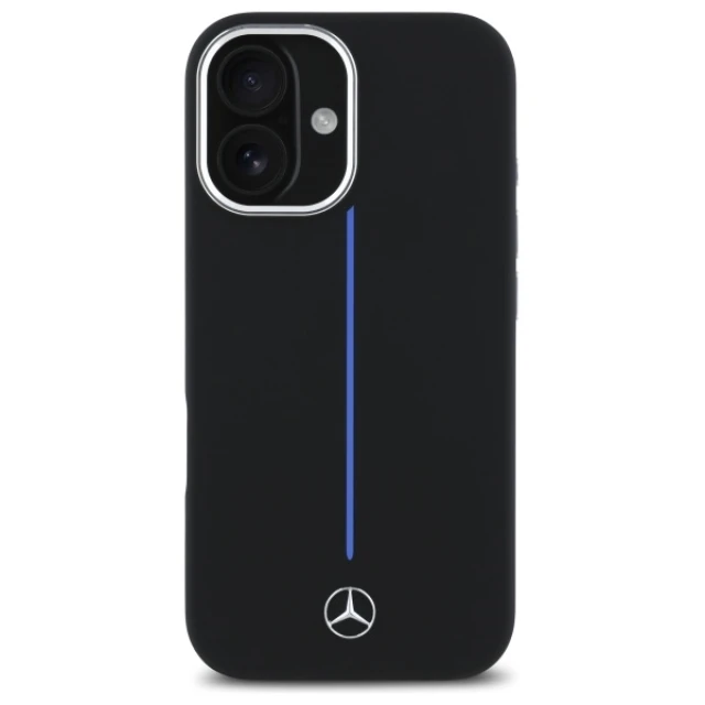 Чохол Mercedes Silicone Blue Stripe для iPhone 16 Black with MagSafe (MEHMP16S23SUMBK)