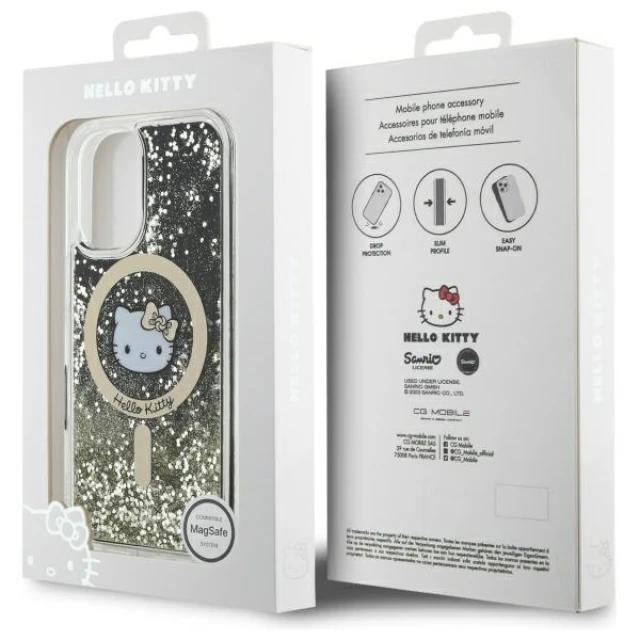 Чохол Hello Kitty Liquid Glitter Fever для iPhone 16 Black Gold with MagSafe (HKHMP16SLGDIK)