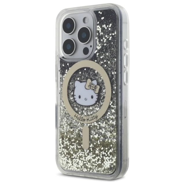 Чохол Hello Kitty Liquid Glitter Fever для iPhone 16 Pro Black Gold with MagSafe (HKHMP16LLGDIK)