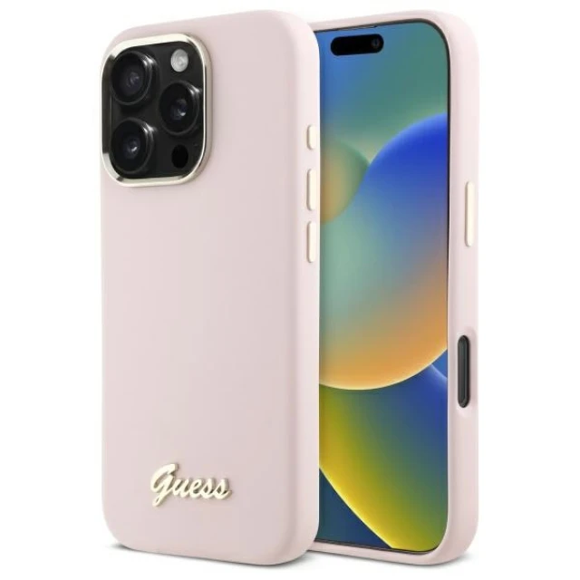 Чохол Guess Silicone Script Metal Logo & Frame для iPhone 16 Pro Max Pink (GUHCP16XSMBSLP)