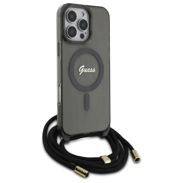 Чохол Guess Crossbody Cord Script для iPhone 16 Pro Black with MagSafe (GUHMP16LHCTSGNSK)