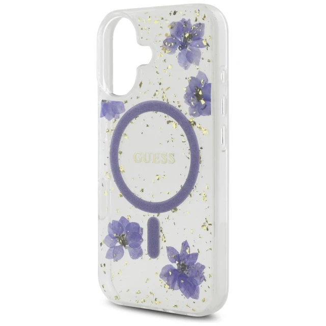 Чохол Guess Resin Flower Glitter для iPhone 16 Purple with MagSafe (GUHMP16SRBFGFGMU)