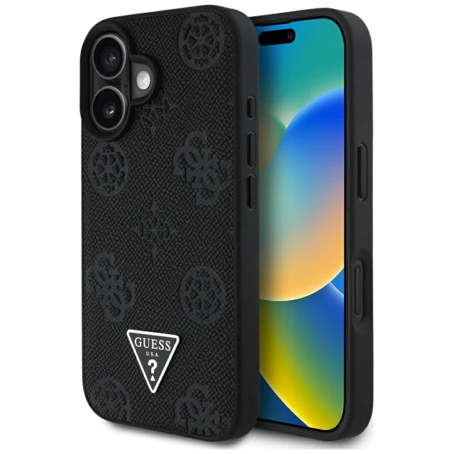 Чехол Guess Grained Hot Stamp Peony Pattern Triangle Logo для iPhone 16 Black with MagSafe (GUHMP16SPGBTMK)