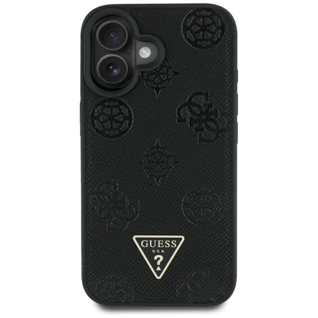 Чехол Guess Grained Hot Stamp Peony Pattern Triangle Logo для iPhone 16 Black with MagSafe (GUHMP16SPGBTMK)