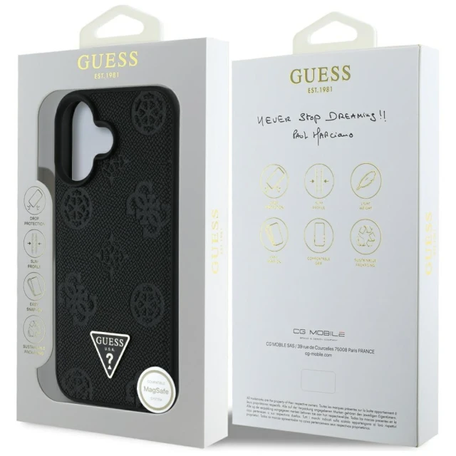 Чехол Guess Grained Hot Stamp Peony Pattern Triangle Logo для iPhone 16 Black with MagSafe (GUHMP16SPGBTMK)