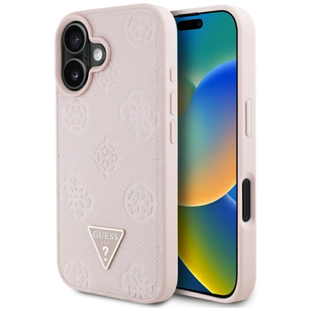 Чехол Guess Grained Hot Stamp Peony Pattern Triangle Logo для iPhone 16 Pink with MagSafe (GUHMP16SPGBTMP)