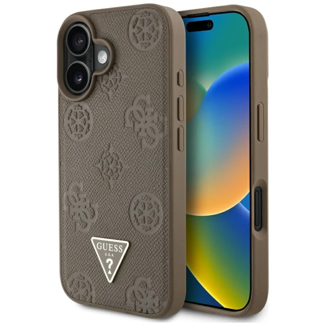 Чохол Guess Grained Hot Stamp Peony Pattern Triangle Logo для iPhone 16 Brown with MagSafe (GUHMP16SPGBTMW)