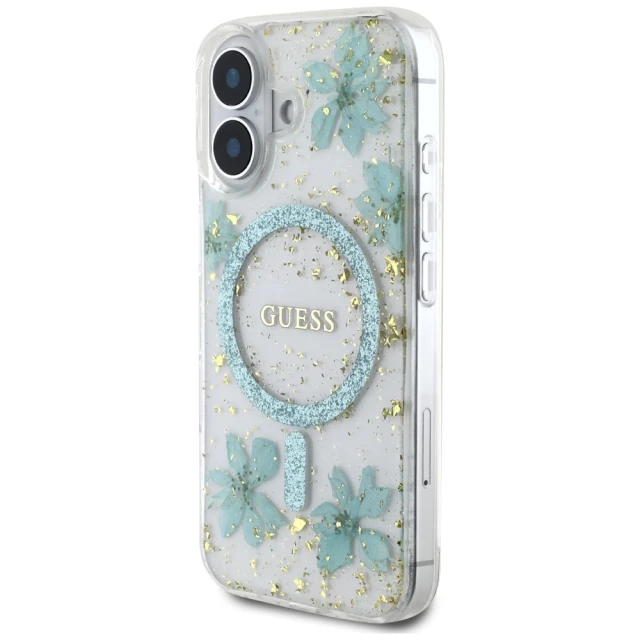 Чохол Guess Resin Flower Glitter для iPhone 16 Turquoise with MagSafe (GUHMP16SRBFGFGMQ)