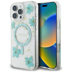 Чохол Guess Resin Flower Glitter для iPhone 16 Pro Max Turquoise with MagSafe (GUHMP16XRBFGFGMQ)