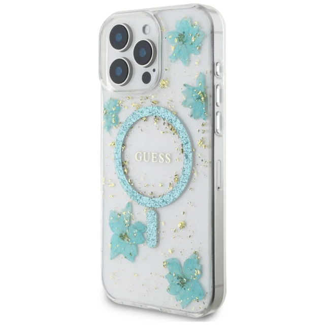 Чохол Guess Resin Flower Glitter для iPhone 16 Pro Max Turquoise with MagSafe (GUHMP16XRBFGFGMQ)