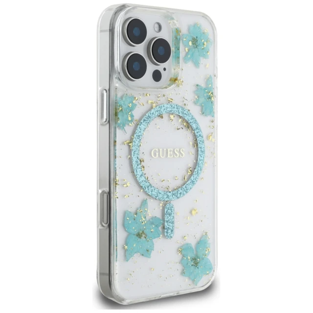 Чохол Guess Resin Flower Glitter для iPhone 16 Pro Max Turquoise with MagSafe (GUHMP16XRBFGFGMQ)