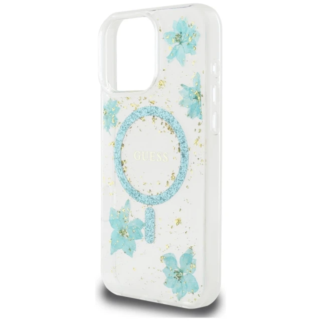 Чохол Guess Resin Flower Glitter для iPhone 16 Pro Max Turquoise with MagSafe (GUHMP16XRBFGFGMQ)