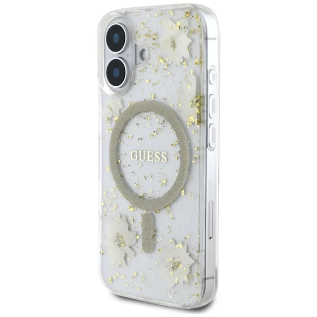 Чехол Guess Resin Flower Glitter для iPhone 16 Beige with MagSafe (GUHMP16SRBFGFGME)