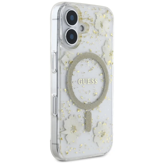 Чехол Guess Resin Flower Glitter для iPhone 16 Beige with MagSafe (GUHMP16SRBFGFGME)