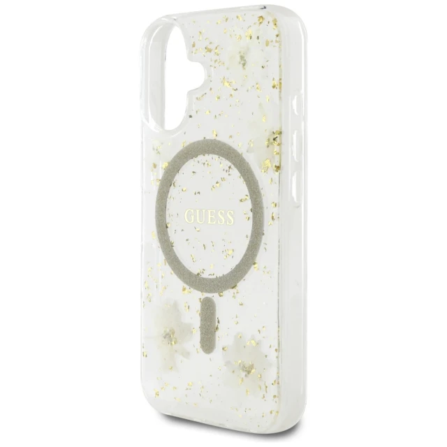 Чехол Guess Resin Flower Glitter для iPhone 16 Beige with MagSafe (GUHMP16SRBFGFGME)