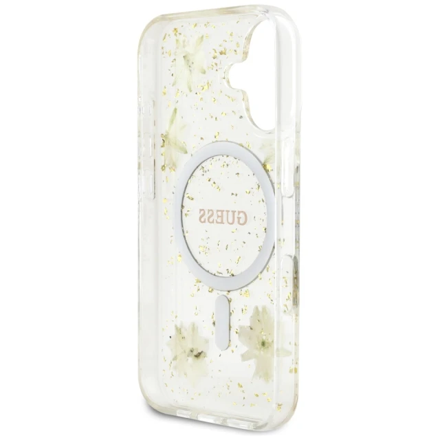 Чехол Guess Resin Flower Glitter для iPhone 16 Beige with MagSafe (GUHMP16SRBFGFGME)