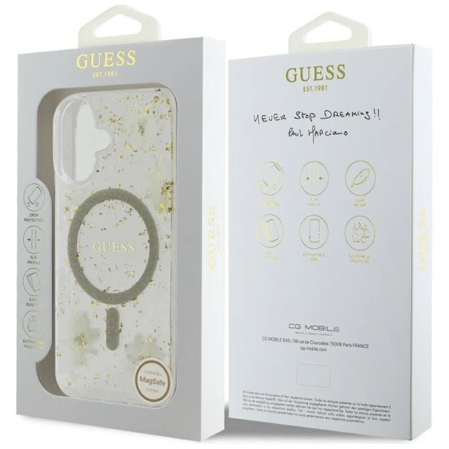 Чехол Guess Resin Flower Glitter для iPhone 16 Beige with MagSafe (GUHMP16SRBFGFGME)