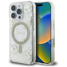 Чехол Guess Resin Flower Glitter для iPhone 16 Pro Beige with MagSafe (GUHMP16LRBFGFGME)