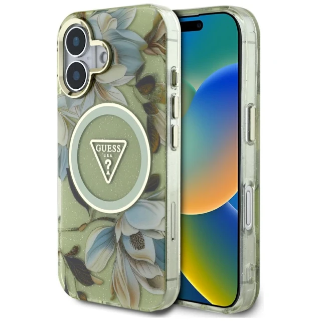 Чохол Guess Glitter Flowers Triangle Buttons для iPhone 16 Green with MagSafe (GUHMP16SHFLPEDN)
