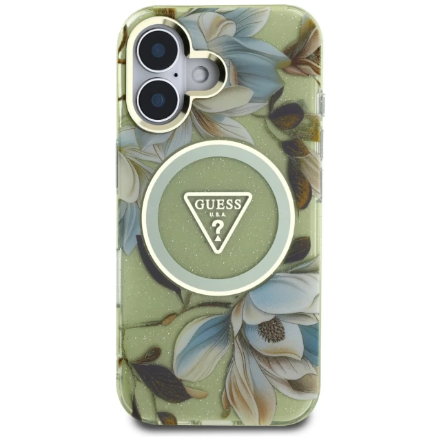 Чохол Guess Glitter Flowers Triangle Buttons для iPhone 16 Green with MagSafe (GUHMP16SHFLPEDN)