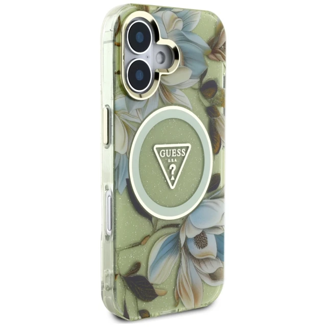 Чохол Guess Glitter Flowers Triangle Buttons для iPhone 16 Green with MagSafe (GUHMP16SHFLPEDN)