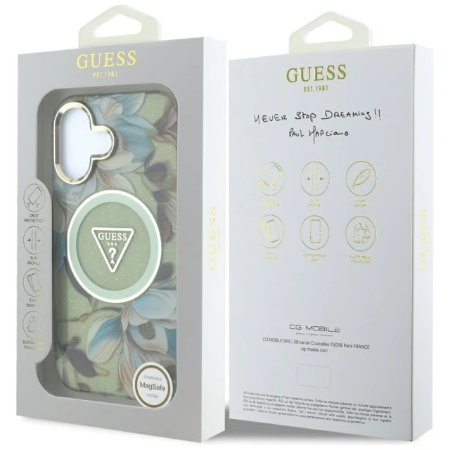 Чохол Guess Glitter Flowers Triangle Buttons для iPhone 16 Green with MagSafe (GUHMP16SHFLPEDN)